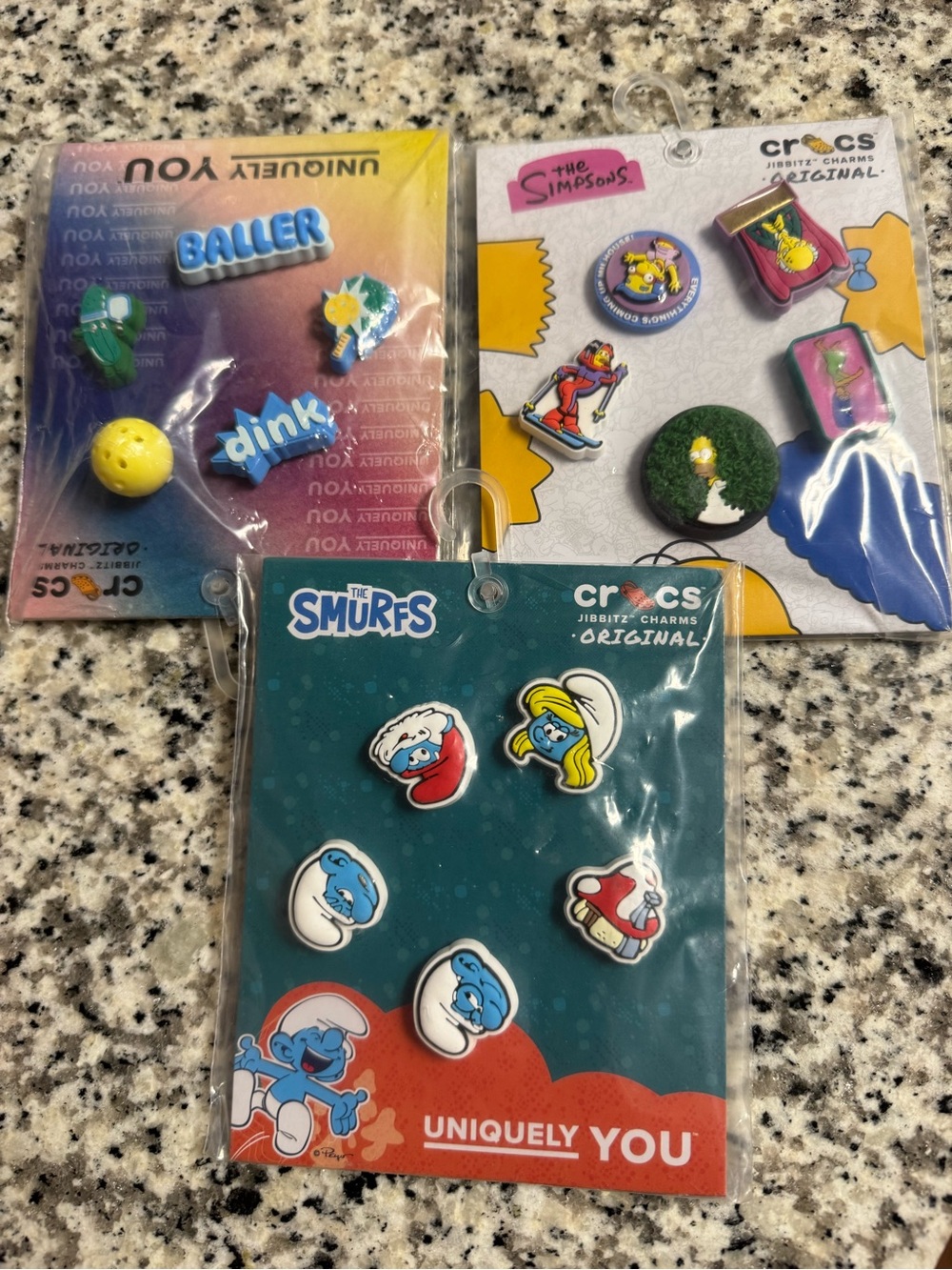 3 Packs of Crocs Jibbitz Charms Set - Smurfs, The Simpsons, and pickleball (NEW)